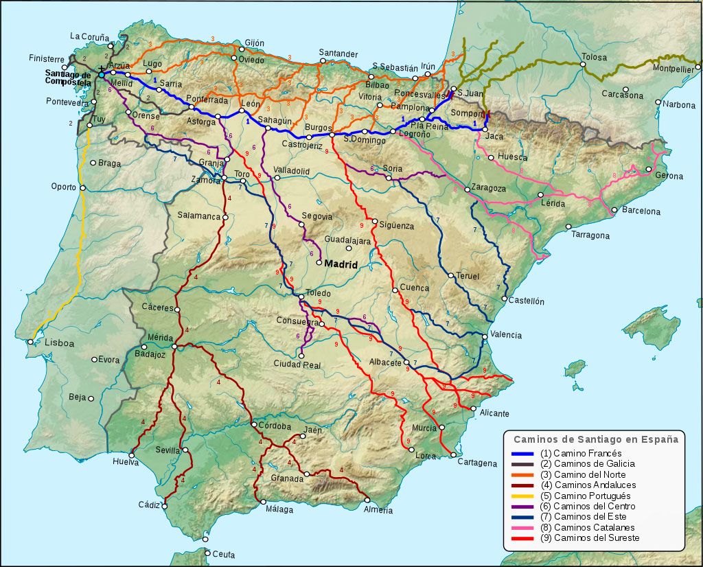 Mapa de los principales rutas del Camino de Santiago